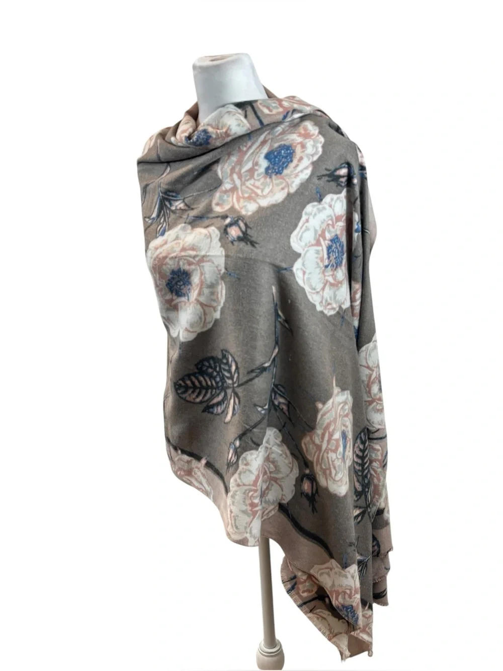 LOOK Cashmere Brand Grey and Pink Floral Scarf